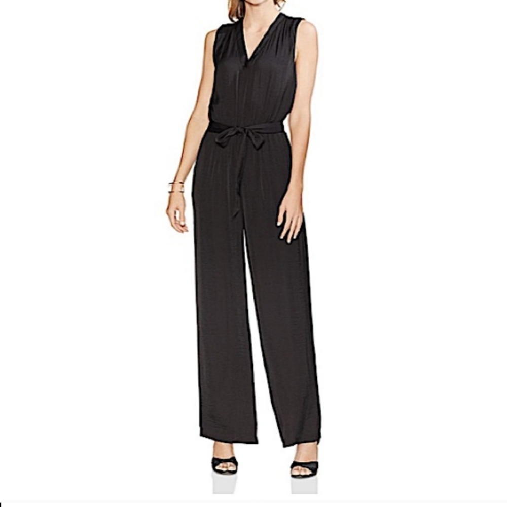 VINCE CAMUTO Jumpsuit Rumple Black Belt Wide Leg Sleeveless Stretch Jersey Knit
